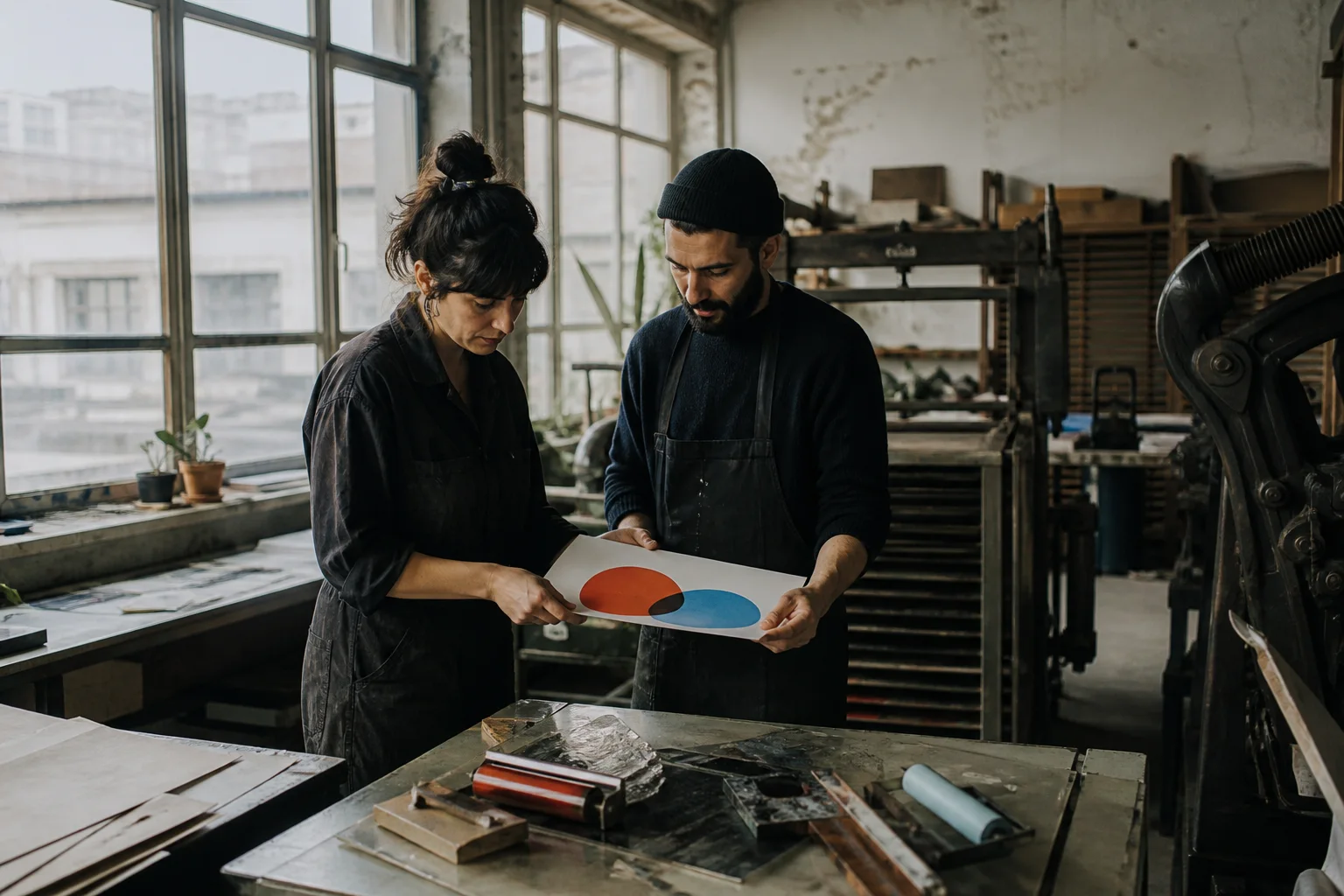 Two independent makers inspect a fresh print in a Tbilisi workshop.