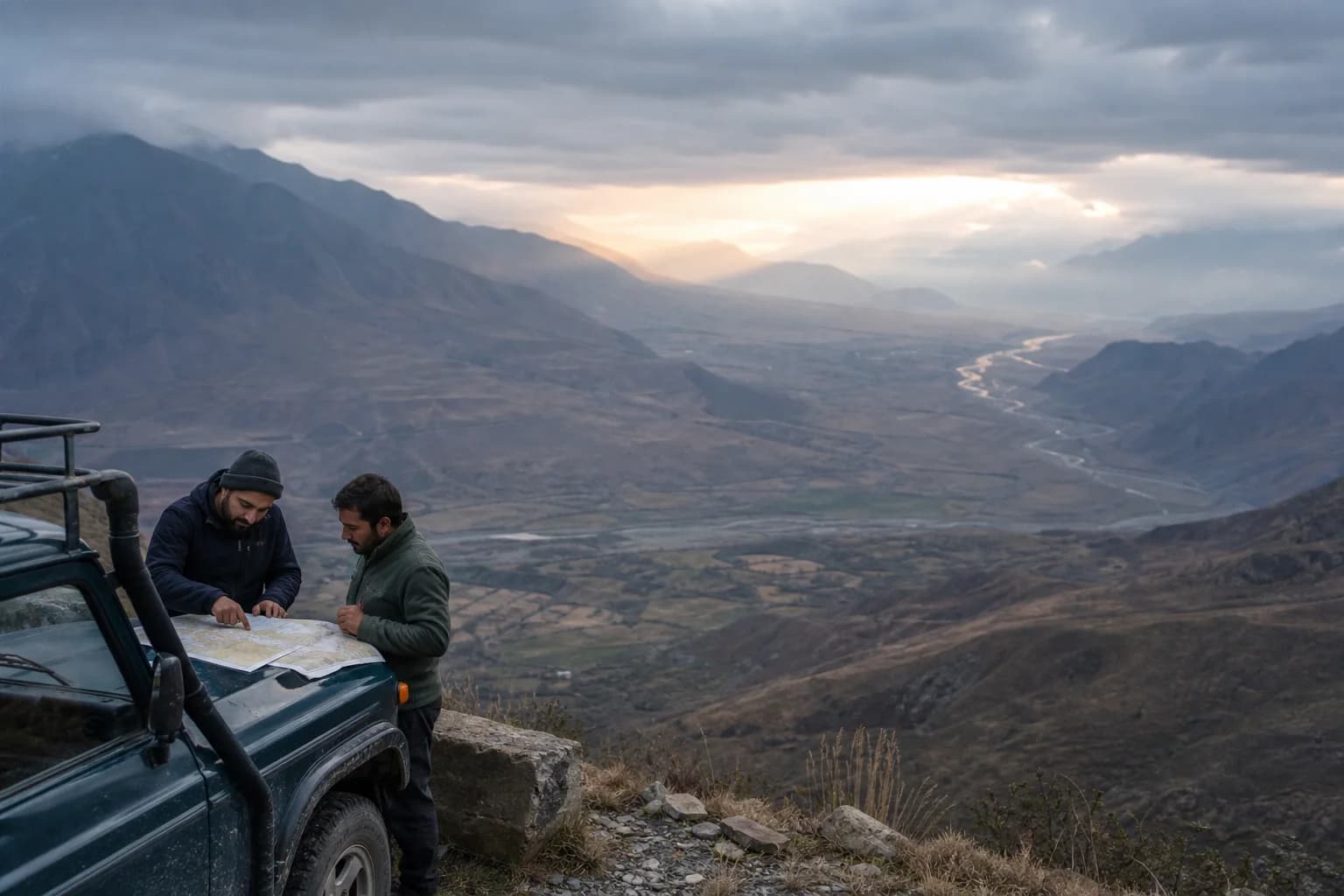 Two local guides study a map above a broad Caucasus valley.